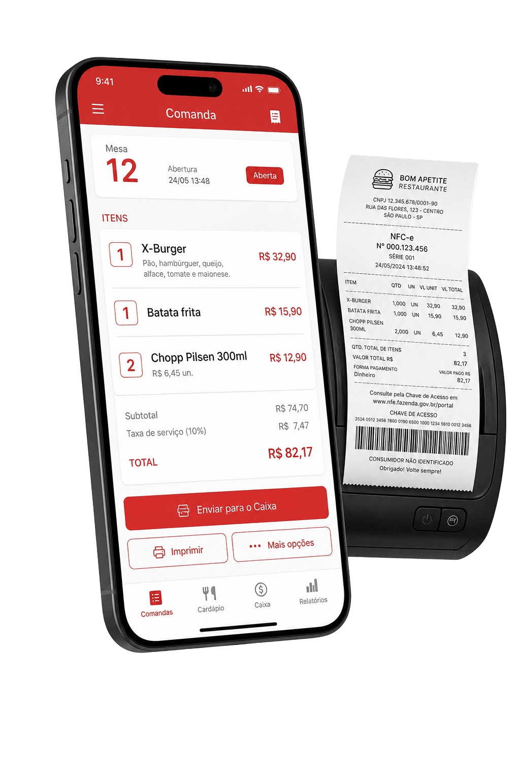 App Gestou Foods com comanda aberta e cupom fiscal NFC-e